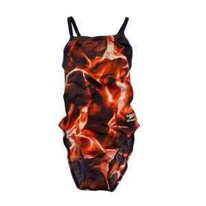 Speedo Endurance+ Flash Time Flyback Swimsuit Women 28 Orange Navy Athletic NEW